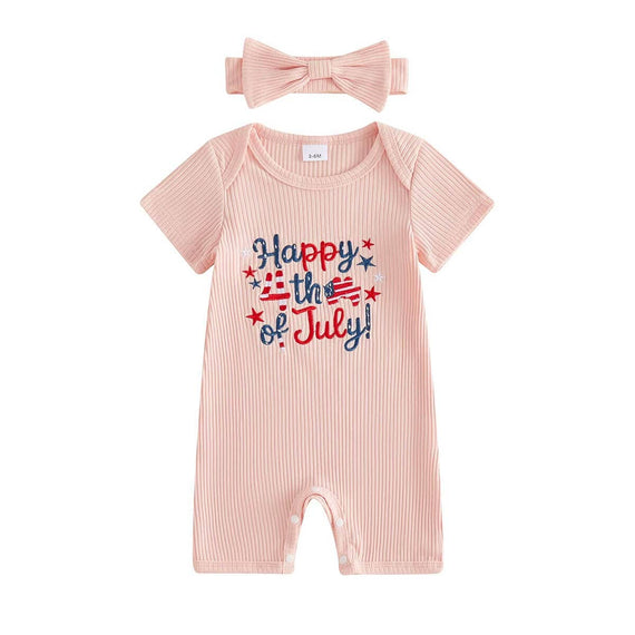Short Sleeve 4th of July Ribbed Baby Romper Pink 0-3 M