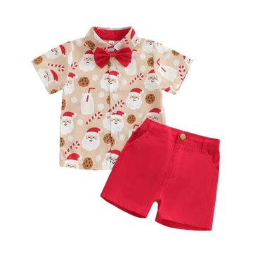 Short Sleeve Christmas Gentleman Toddler Set Beige 9-12 M