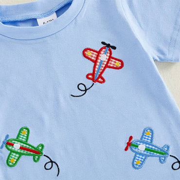 Short Sleeve Airplane Striped Shorts Toddler Set