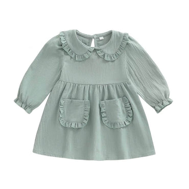 Long Sleeve Solid Vintage Ruffled Toddler Dress Green 12-18 M
