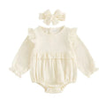 Long Sleeve Solid Ruffled Romper Beige 0-3 M 