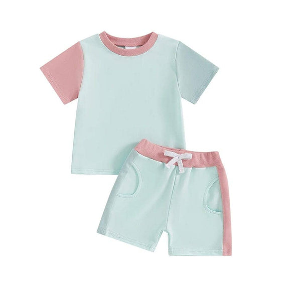 Short Sleeve Color Block Toddler Set Blue 9-12 M