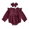 Long Sleeve Solid Ruffled Romper Burgundy Red 0-3 M 