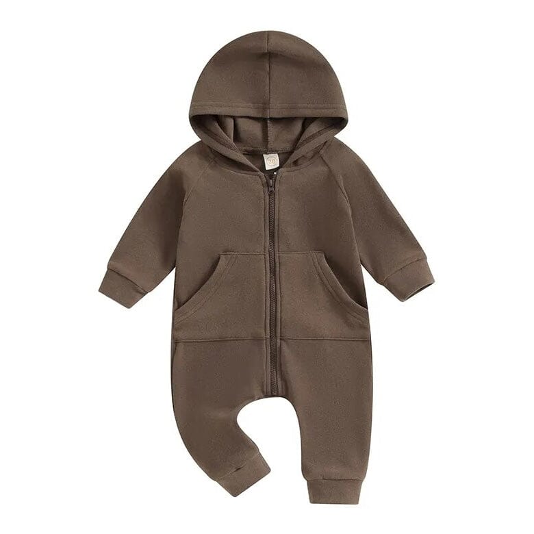 Long Sleeve Solid Hooded Baby Jumpsuit Brown 0-3 M 