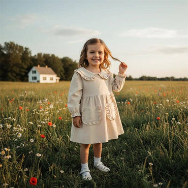 Long Sleeve Solid Vintage Ruffled Toddler Dress