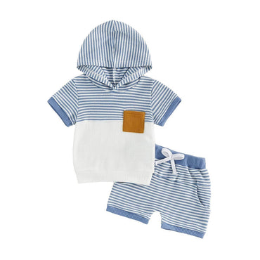 Short Sleeve Waffle Striped Hoodie Baby Set Blue 3-6 M