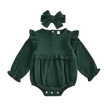 Long Sleeve Solid Ruffled Romper Green 0-3 M 