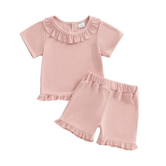 Short Sleeve Solid Ruffled Trim Toddler Set Pink 9-12 M