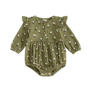 Long Sleeve Vintage Floral Baby Romper Green 0-3 M