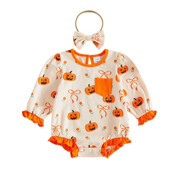 Long Sleeve Halloween Ruffled Baby Romper Rompers The Trendy Toddlers Beige 0-3 M 