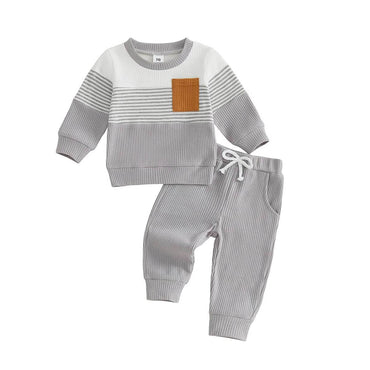 Long Sleeve Striped Waffle Toddler Set Gray 3-6 M