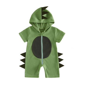 Short Sleeve Dino Hooded Waffle Baby Romper Green 0-3 M