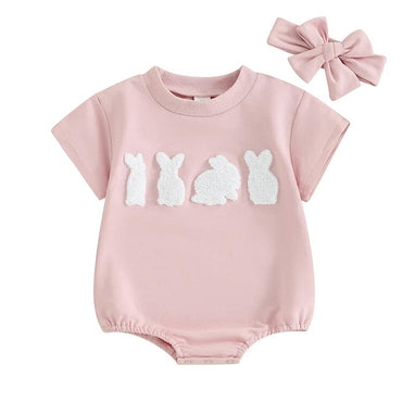 Short Sleeve Pink Bunny Baby Romper   