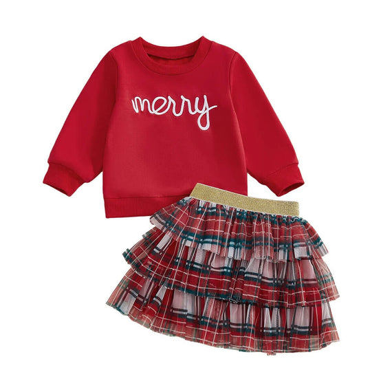 Long Sleeve Merry Plaid Skirt Toddler Set