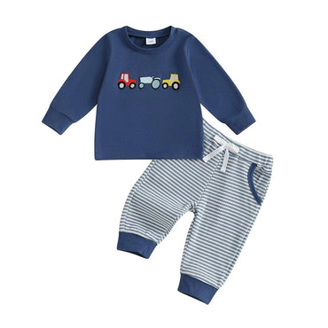 Long Sleeve Tractor Striped Pants Baby Set