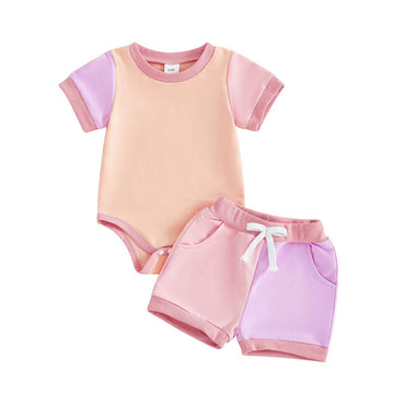 Short Sleeve Color Block Shorts Baby Set Pink 0-3 M