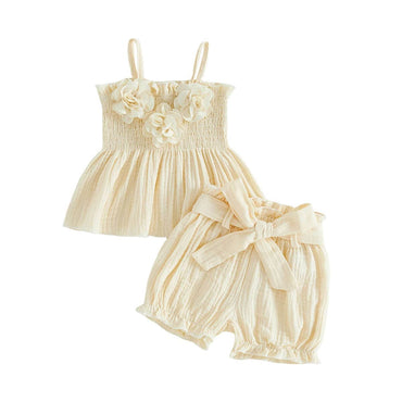 Sleeveless Floral Smocked Toddler Set Beige 12-18 M