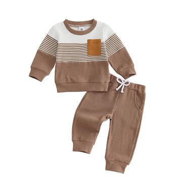 Long Sleeve Striped Waffle Toddler Set Brown 3-6 M