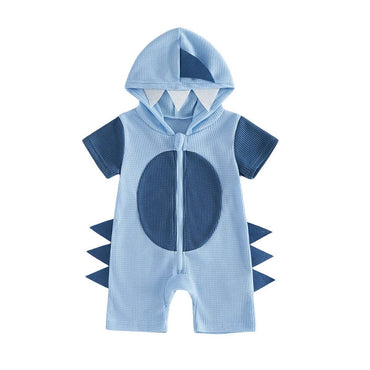 Short Sleeve Dino Hooded Waffle Baby Romper Blue 0-3 M