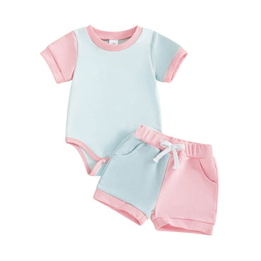 Short Sleeve Color Block Shorts Baby Set Blue 0-3 M