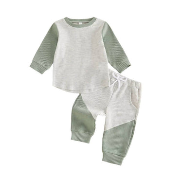 Long Sleeve Color Block Waffle Toddler Set Green 3-6 M