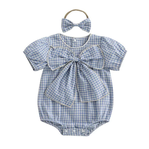 Short Sleeve Plaid Bow Baby Romper Blue 0-3 M
