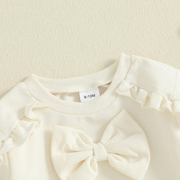 Long Sleeve Solid Ruffled Bow Baby Set