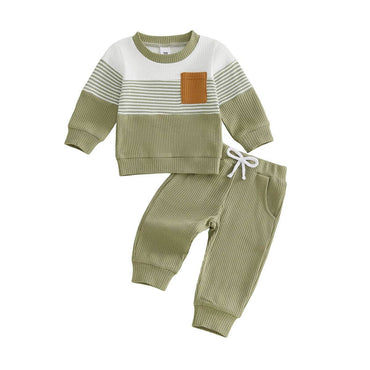 Long Sleeve Striped Waffle Toddler Set Sets The Trendy Toddlers Green 3-6 M 