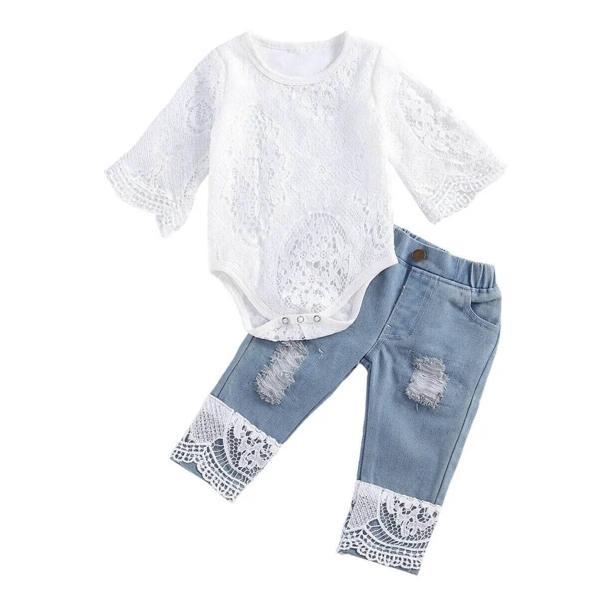 Infant Baby Girl Bell Bottom Jeans Off Shoulder Romper Knit Lace Ruffle  Ribbed Bodysuit Denim Flare Pants Headbands Outfits 