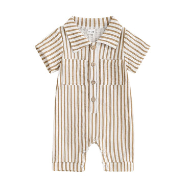 Striped Collared Baby Jumpsuit Beige 0-3 M 