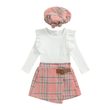 Long Sleeve Plaid Buckle Skirt Set Pink 12-18 M 