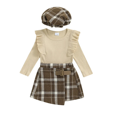 Long Sleeve Plaid Buckle Skirt Set Khaki 12-18 M 