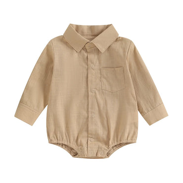 Long Sleeve Linen Button Down Baby Romper Tan 3-6 M 