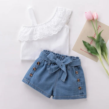 Eyelet Ruffle One-Shoulder Top Denim Shorts Toddler Set   