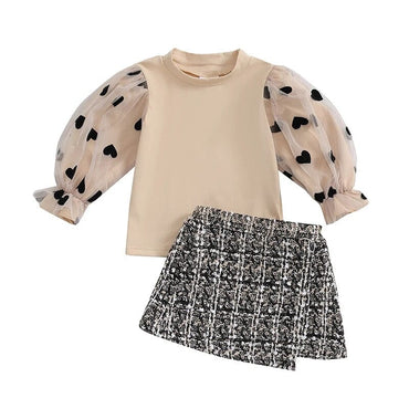 Heart Mesh Long Sleeve Top and Tweed Skirts Set   