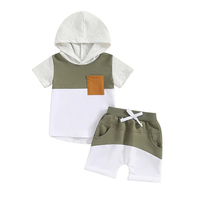 Color Block Hooded Shorts Toddler Set Green 3-6 M 