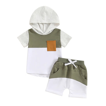 Color Block Hooded Shorts Toddler Set Green 3-6 M 