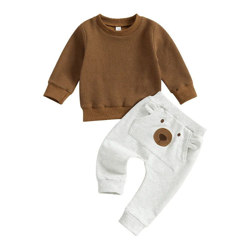 Long Sleeve Waffle Bear Pants Baby Set 3-6 M  