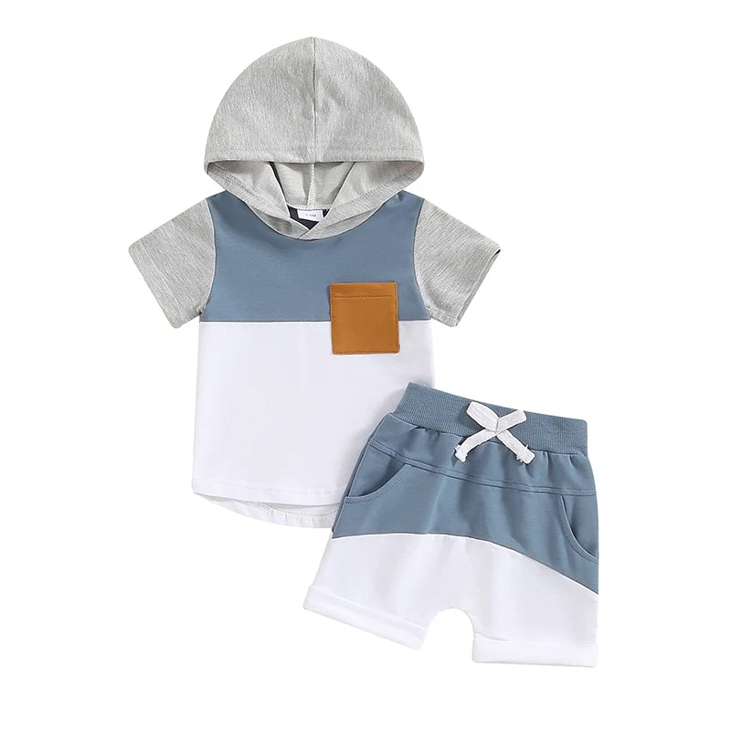 Color Block Hooded Shorts Toddler Set Blue 3-6 M 