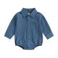 Long Sleeve Linen Button Down Baby Romper Blue 3-6 M 