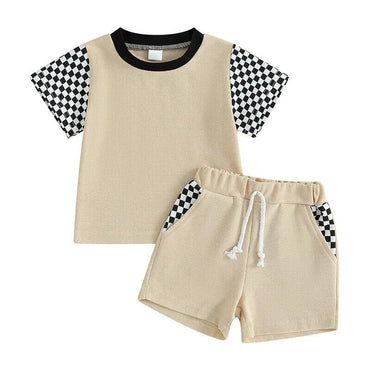 Short Sleeve Beige Checkered Baby Set   