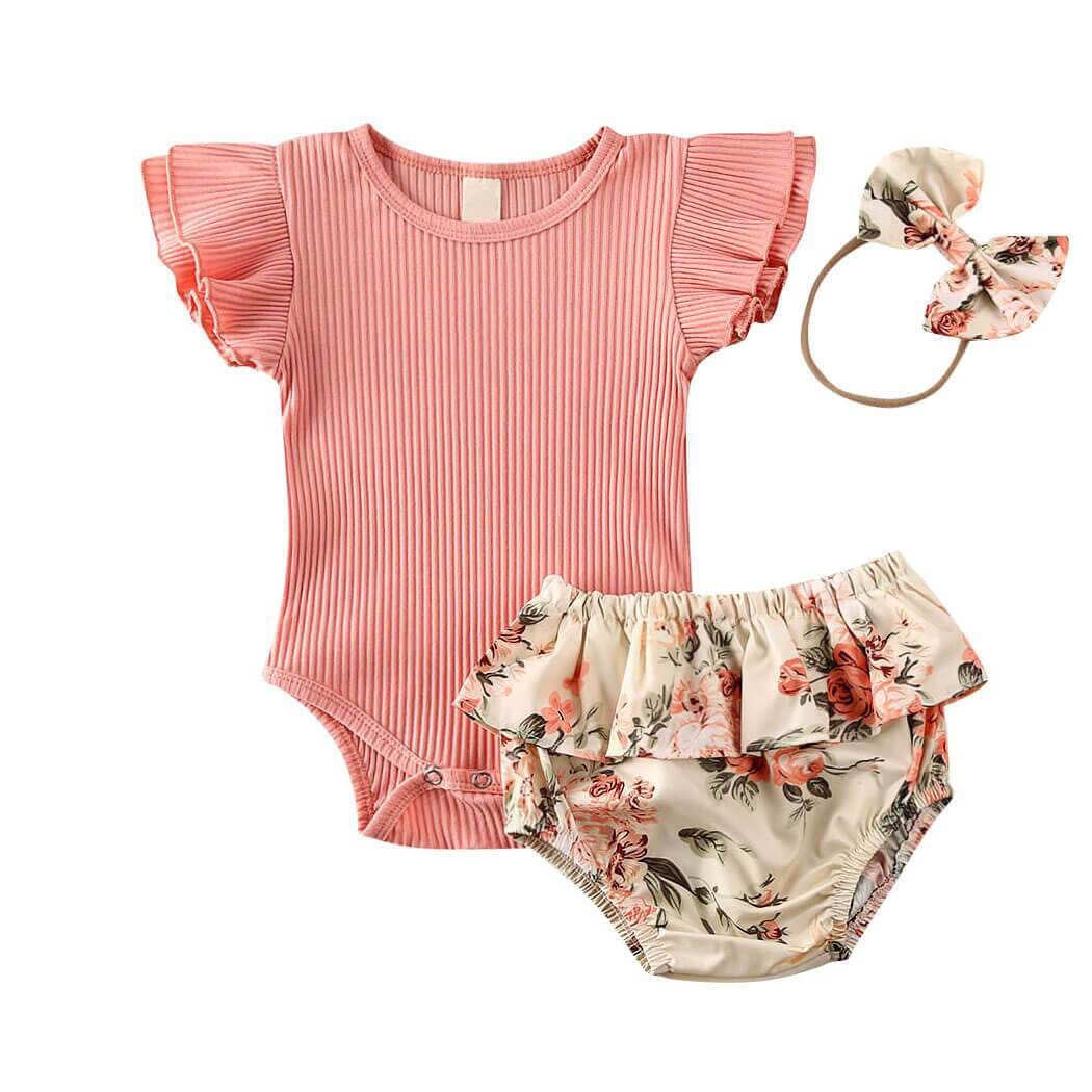 Baby Girl Pink Ribbed Floral 3-Piece Outfit Set – The Trendy Toddlers