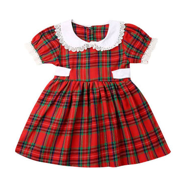 Short Sleeve Lace Plaid Toddler Dress   