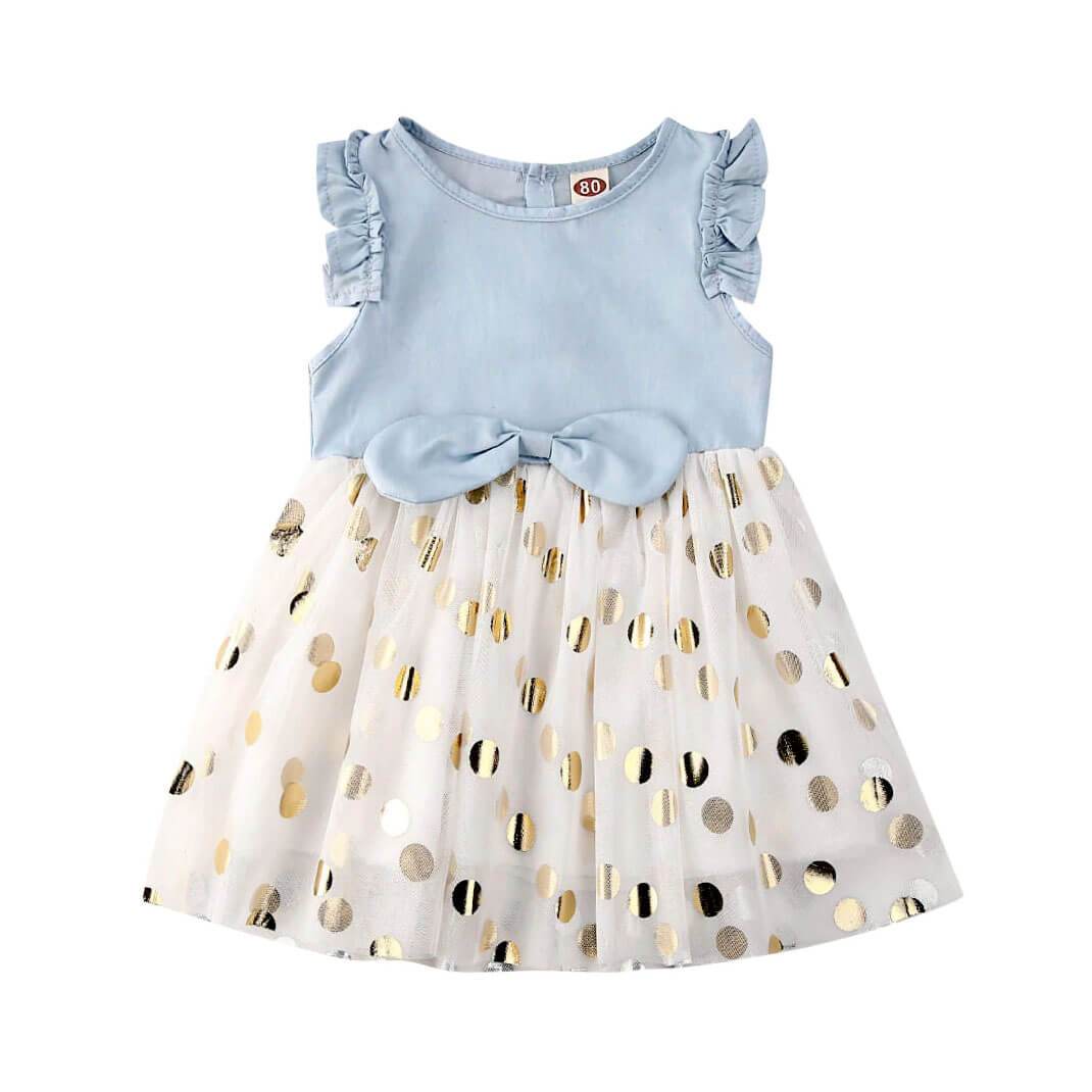 Toddler Girl Flutter Denim Golden Polka Dot Dress – The Trendy Toddlers