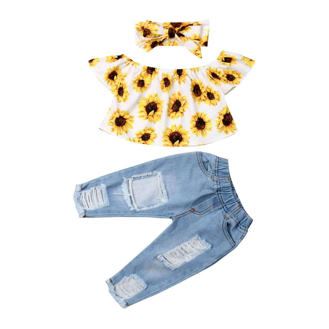 Toddler Girl Sunflower Ripped Jeans 3-Piece Outfit Set – The Trendy ...