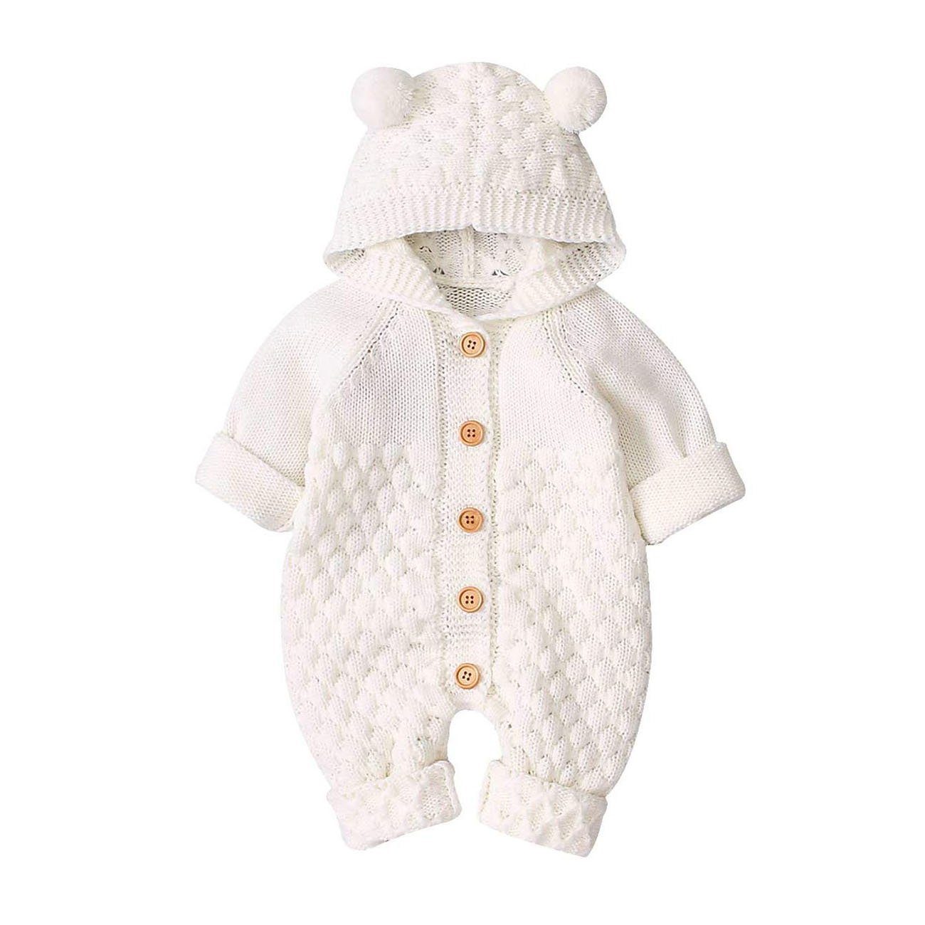 Knitted Bear Ears Baby Jumpsuit White 12-18 M 