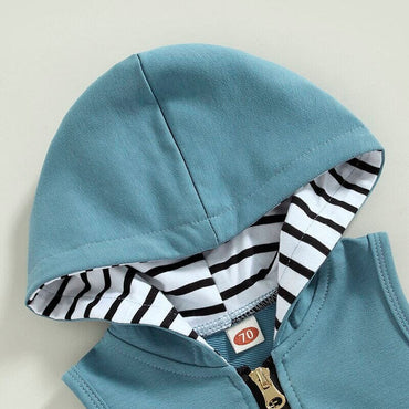 Sleeveless Blue Zipper Hooded Baby Set   