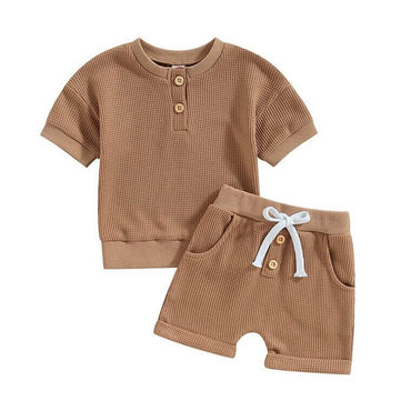 Short Sleeve Solid Waffle Baby Set Brown 3-6 M 