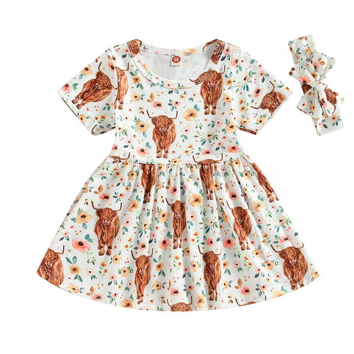Highland Cow Floral Toddler Dress
