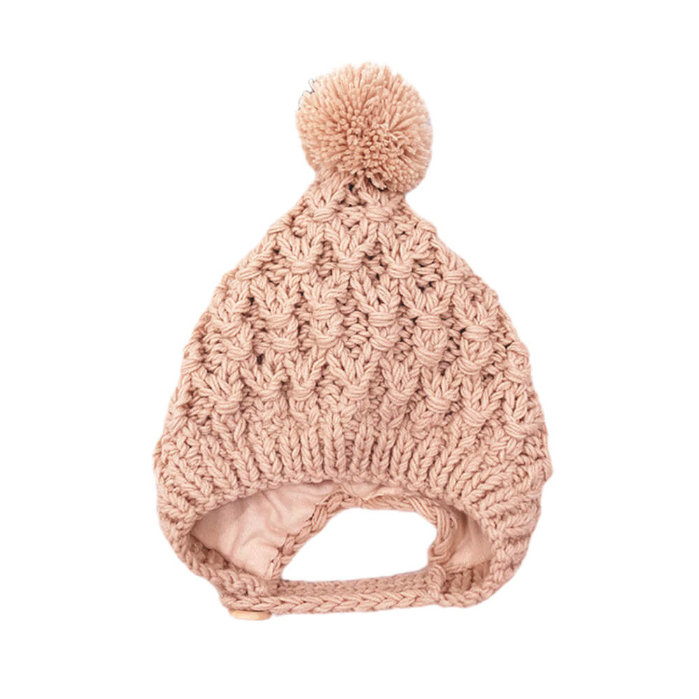 Solid Knitted Pompom Beanie Beige  